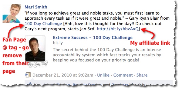 Facebook @ Tag example with Affiliate Link