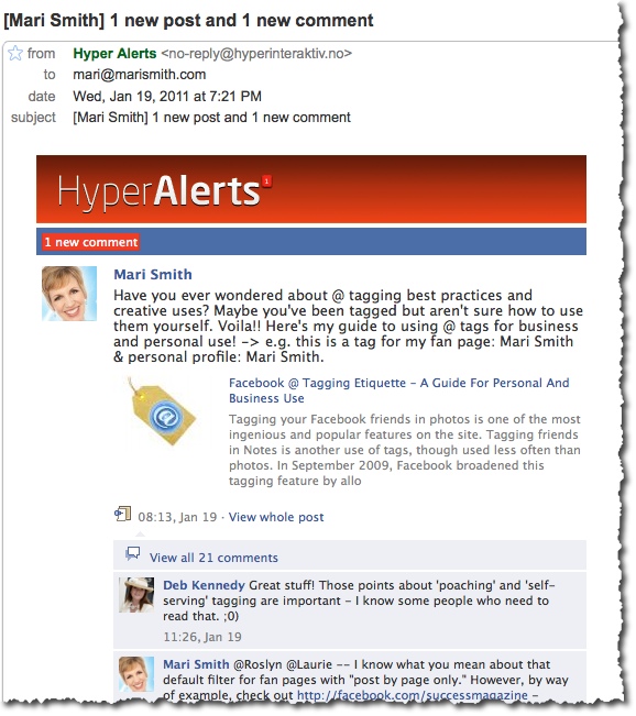 Hyper Alerts Facebook fan page email alert example