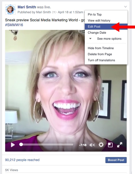 Facebook Live Video - edit post
