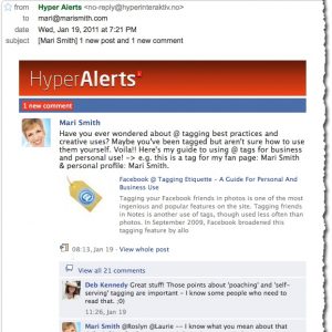 Hyper Alerts Facebook fan page email alert example