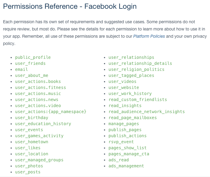 facebook login permissions