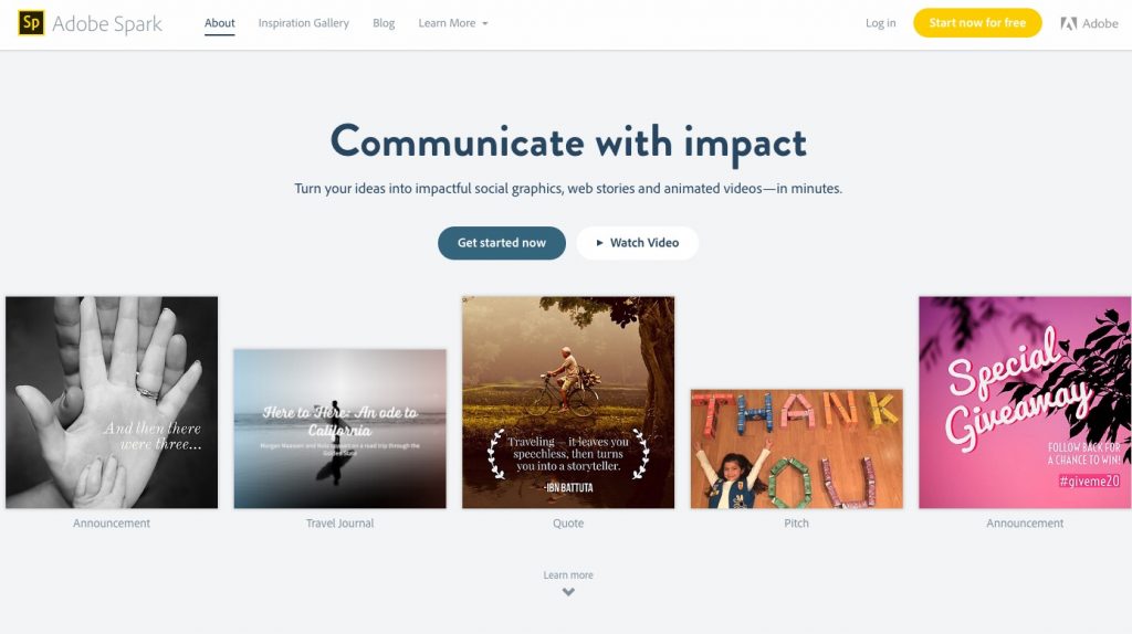 Adobe Spark homepage