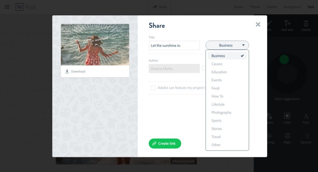 Adobe Spark Post options