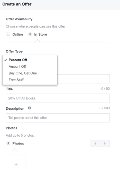 The settings available when creating a Facebook offer.