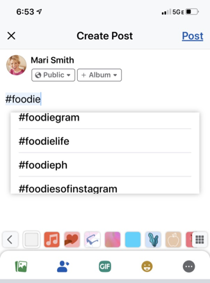 facebook mobil uygulamasında hashtag önerileri mari smith #foodie örneği
