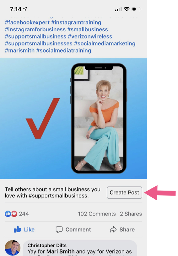 mari smith post #supportsmallbusiness hashtags on facebook michael stelzner iphone screenshot